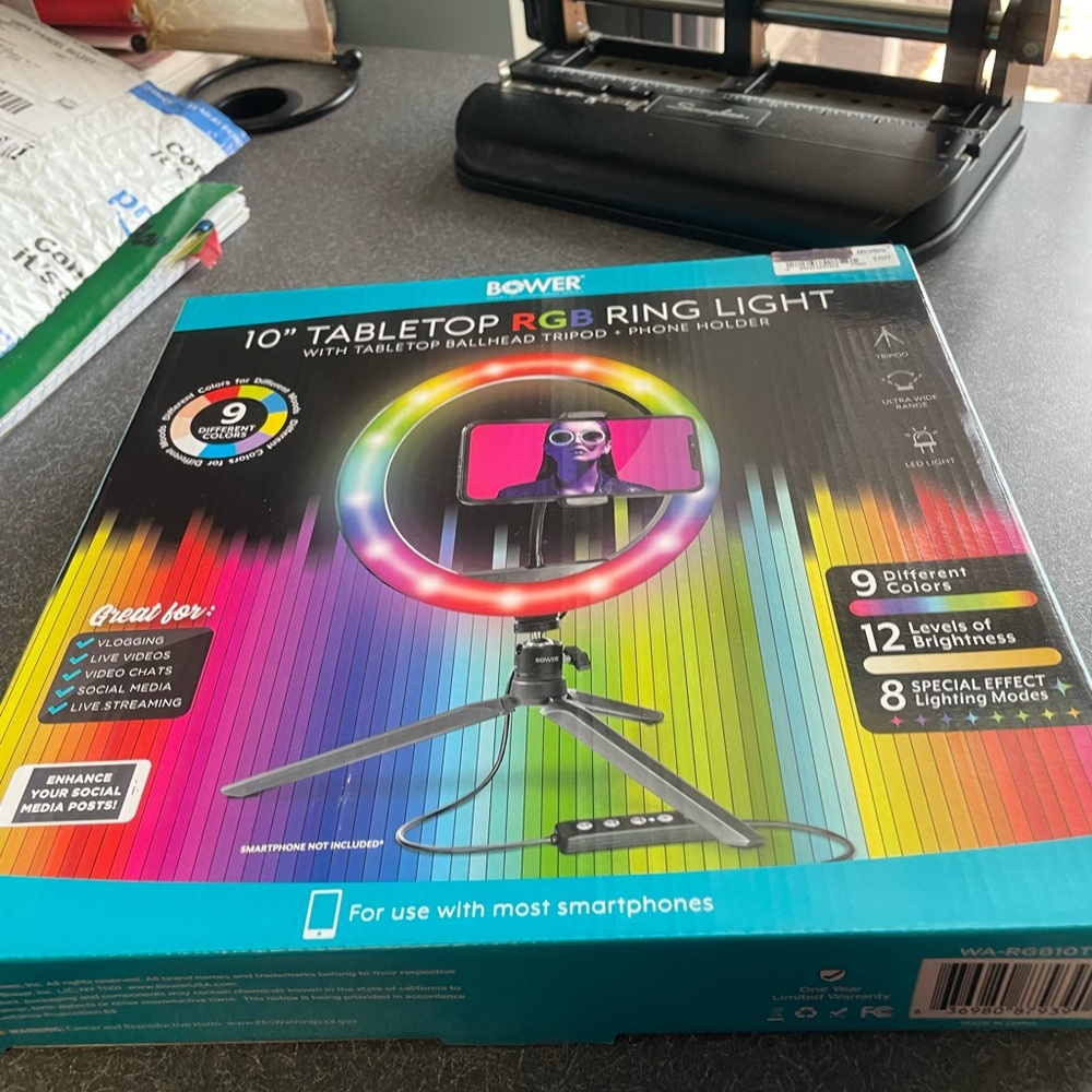 Bower 10 inch tabletop RGB ring light tripod phone holder USB NIB - Picture 4 of 6